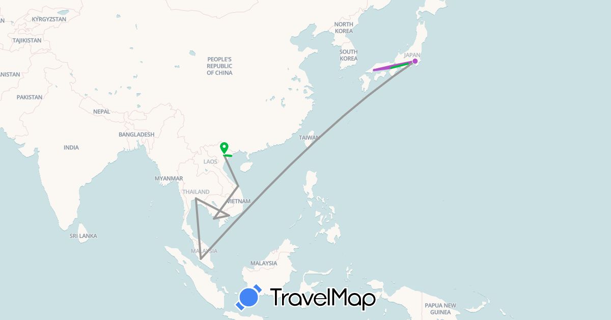 TravelMap itinerary: driving, bus, plane, train in Japan, Malaysia, Thailand, Vietnam (Asia)